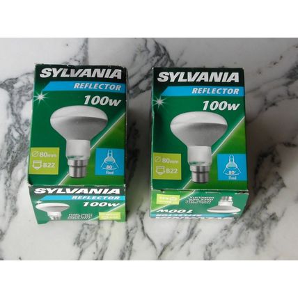 Qty 2 Sylvania Reflector 100W Bulbs 80mm B22 Bayonet Cap 80 deg Pearl filament