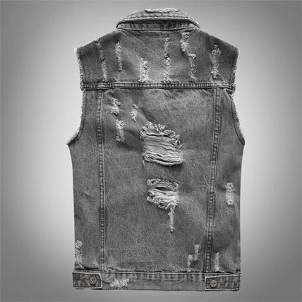 Ripped Sleeveless Jeans Jacket Vest Biker Retro Mens Grey Denim Waistcoat Gilet