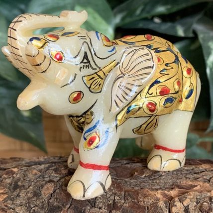 Marble Elephant Statue Trunk Up Hand Painted Indian Art home Decor Sculpture 3"