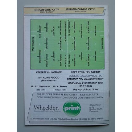 BRADFORD CITY v BIRMINGHAM CITY Div2 17/10/1987