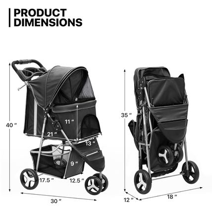 Monibloom Foldable Pet Stroller with Weather Cover, 3 Wheels Pet Strolling Cart