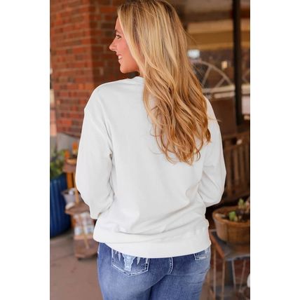 White WILD WEST Steer Skull Graphic Ribbed Sweatshirt