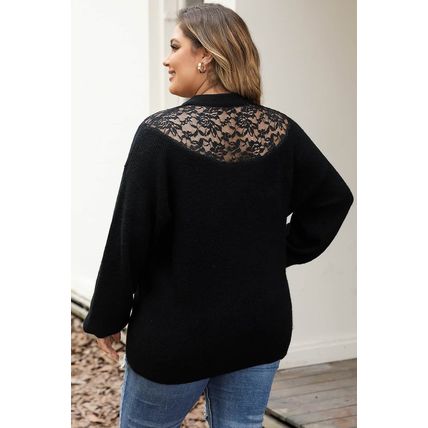Black Plus Size Ribbed Knit Lace Splicing High Neck Sweater