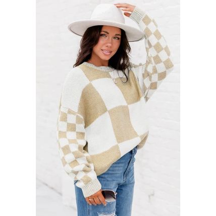 Flaxen Checkered Print Drop Shoulder Sweater