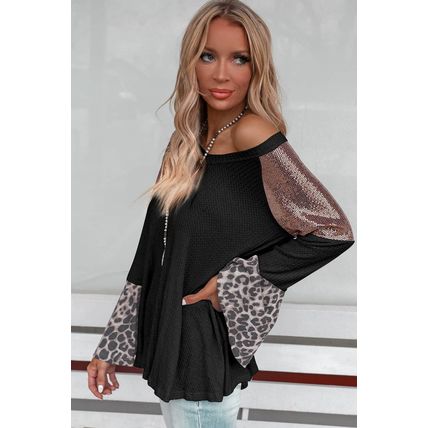 Black Sequin Patchwork Bell Sleeve V Neck Tunic Top