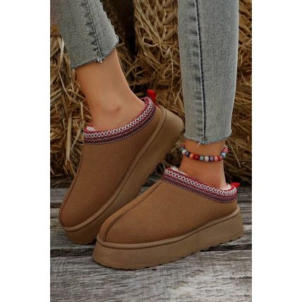 Chestnut Suede Contrast Print Round Toe Plush Lined Flats