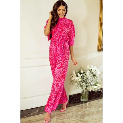 Rose Leopard Loose Sleeve Belted Wide Leg Jumpsuit
