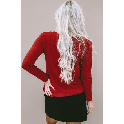 Red Sandalwood Sequined Heart Shape Bow Graphic V Neck Top