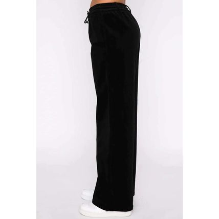 Black Solid Drawstring Waist Wide Leg Pants