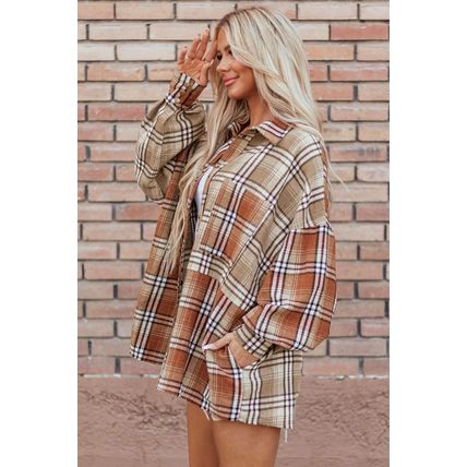 Khaki Plaid Colorblock Patchwork High Low Shacket