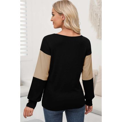 Parchment Colorblock Button Decor Long Sleeve V Neck Top
