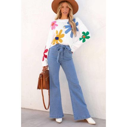White Colorful Big Flower Pattern Crewneck Sweater