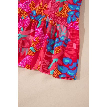 Rose Tropical Printed Lantern Sleeve V Neck Ruffled Plus Size Mini Dress