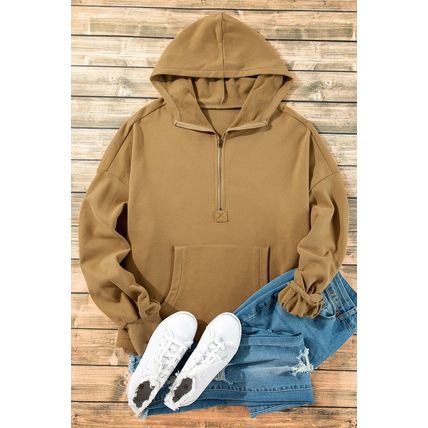 Brown Fleece Lined Half Zipper Kangaroo Pockets Loose Hoodie