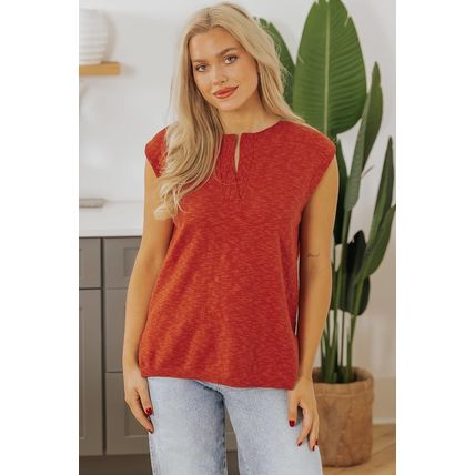 Orange Solid Color Split V Neck Short Sleeve Sweater