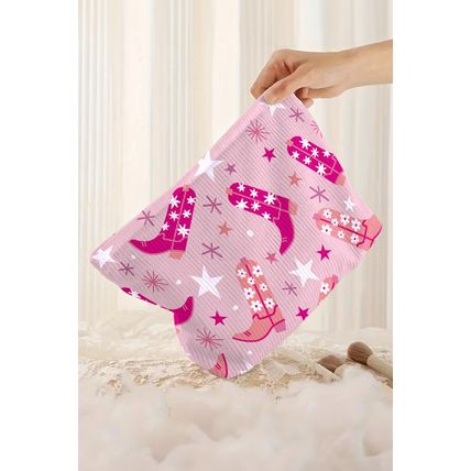 Pink Western Cowboy Boots Star Print Large Makeup Bag