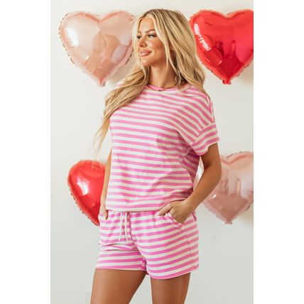 Rose Stripe Crew Neck T Shirt and Drawstring Shorts Set
