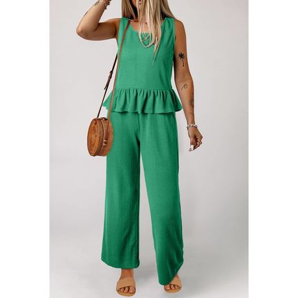 Green Solid Color Ribbed Ruffle Tank Top and Pants Set
