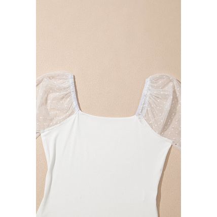 White Swiss Dot Mesh Long Sleeve Square Neck Slim Top