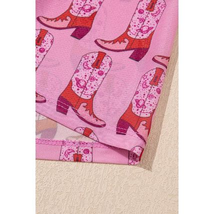 Pink Cowgirl Boots Printed Mock Neck Long Sleeve Mesh Top