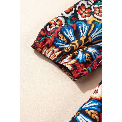 Black Tropical Print Bubble Sleeve Knot Front Blouse