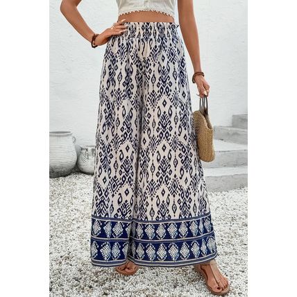 Blue Boho Pattern Print High Waist Wide Leg Loose Pants
