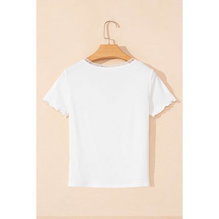 White Lace V Neckline Ribbed Slim Fit T Shirt