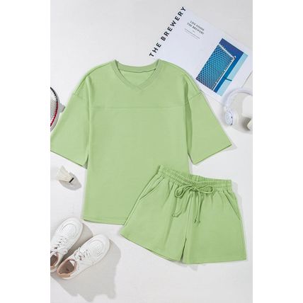Meadow Mist Green Solid Loose V Neck Half Sleeve Tee and Shorts