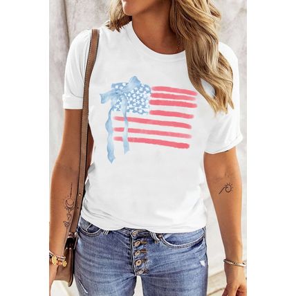White American Flag Bow Knot Print Crew Neck T Shirt