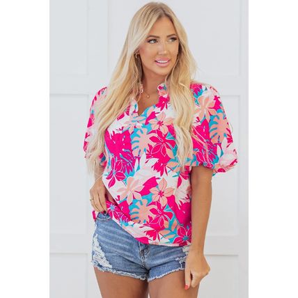 Rose Tropical Plant Printed V Neck Puff Sleeve Blouse