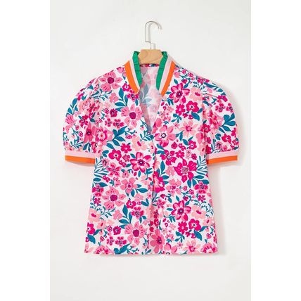 Pink Floral Print Contrast Striped Detail Short Sleeve Blouse