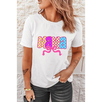 White MAMA Checkered Bow Knot Print Crewneck T Shirt