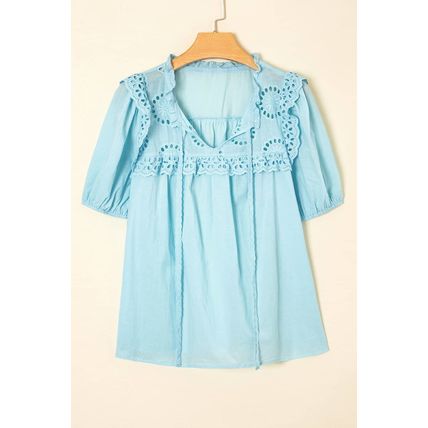 Mist Blue Embroidered Lace Patchwork Tie Neck Puff Short Sleeve Blouse