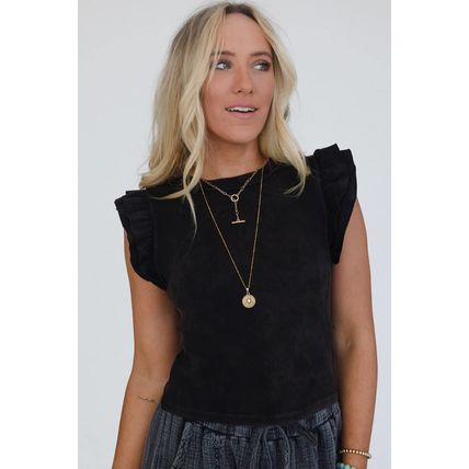 Black Ruffled Crew Neck Slim Fit Top