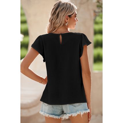 Black Flounce Sleeve Pleated Textured Blouse
