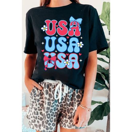 Black July 4th Cute Flower Bow USA Letter Graphic Tee