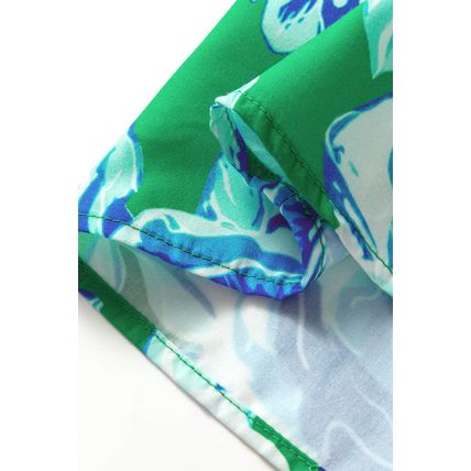 Bright Green Rose Floral Print Puff Short Sleeve Summer Blouse