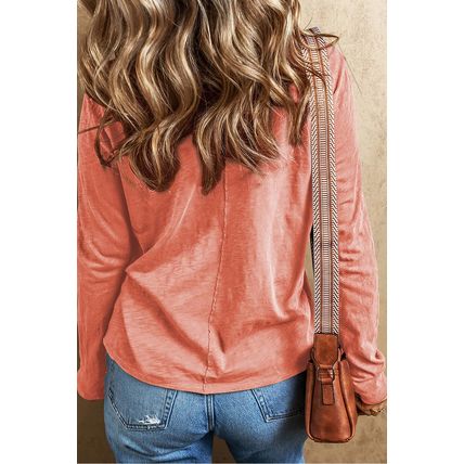 Fresh Salmon Floral Patchwork V Neck Long Sleeve T Shirt