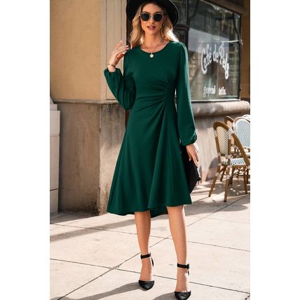 Blackish Green Solid Color Ruched Detail Long Sleeve Midi Dress