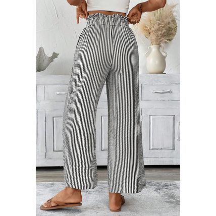 Black Stripe Tied High Waist Loose Straight Casual Pants