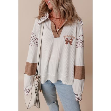 White game day Rugby Bow Embroidered Graphic Leopard Collar Color Block Patchwor