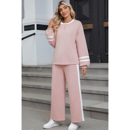 Pink Varsity Stripe Patchwork Puff Sleeve Pullover Drawstring Wide Leg Pant Set