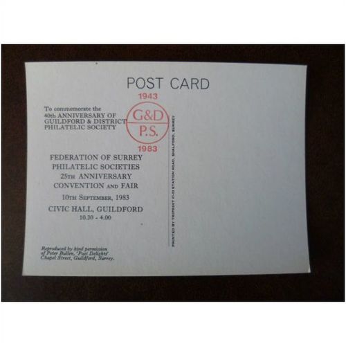 Guildford Philatelic Society Anniversary 1983 Postcard special hand stamp