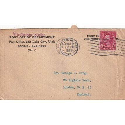 United States 1925 Post Office Salt Lake City Utah-London Cover Salt Lake cancel