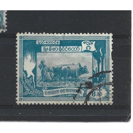 Burma.SG129 8a Ploughing paddy field with oxen (Blue).Fine Used.Jul25f