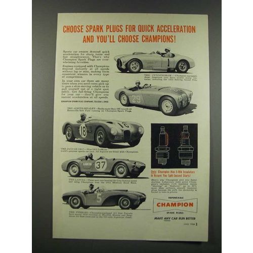 1954 Champion Spark Plugs Ad - Cunningham, Jaguar 120 C, Lancia, Ferrari