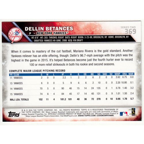 2016 Topps baseball card 369 Dellin Betances - Yankees