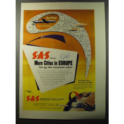 1953 Sabena Airlines Ad - SAS serves more cities in Europe