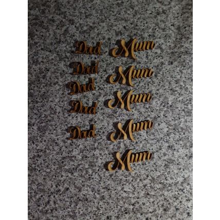 Pack of 5 Wooden laser cut 3mm Words 'Mum' and 'Dad' MDF craft words - 4cm x 2cm