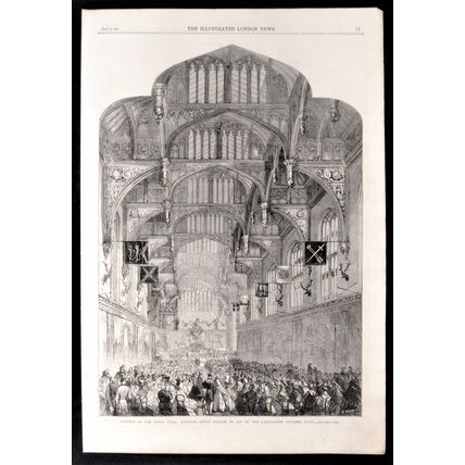 CONCERT IN THE GREAT HALL, HAMPTON COURT PALACE 1863 VICTORIAN ENGRAVING